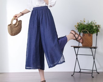 Navy wide legs pants, elastic waist pant, loose fit pants, summer pant for women, midi casual pants, summer trousers, handmade pants  C3330