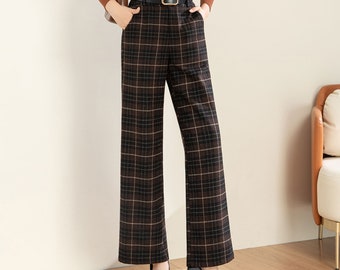 M*A様 WOOL BOHEMIAN PANTS - BROWN PLAID Brown Plaid Suspender Wool Pants Women, Autumn Winter