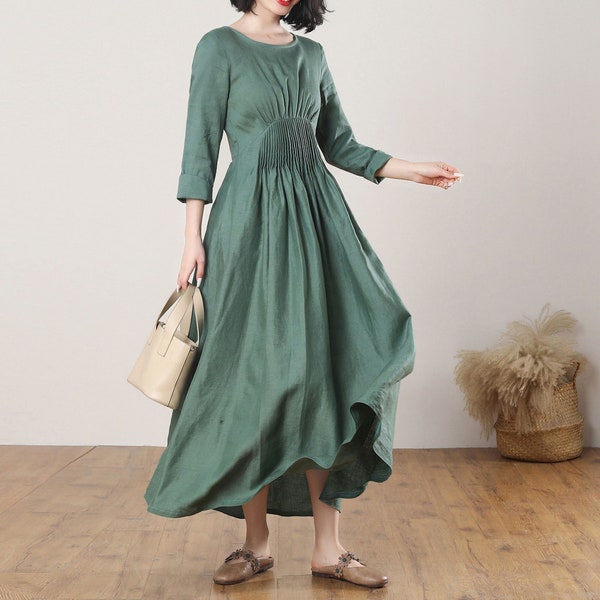 Linen dress, Green Linen Maxi Dress, Casual dress, Fit & Flare Dress with Pleated Waist, Summer Fall Fashion Womens Dress, Ylistyle C3269