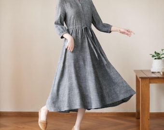 Leinen Maxi-Shirt Kleid, Lässige Kordelzug Taille Kleid, Sommerkleid Für Frauen, lässige Kleidung, Locker Sitzendes Kleid, Handgefertigtes Kleid C4709