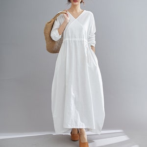 White Linen Maxi Dress, Casual Long Sleeves Maternity Dress, womens dress with drawstring wasit, Plus Size dress, Oversized Dress C1836