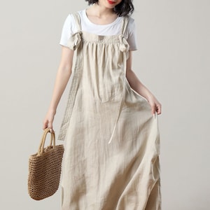 linen pinafore dress, linen maxi dress, linen dress with pockets, long suspender dress, summer dress, loose dress, dress for women C3229