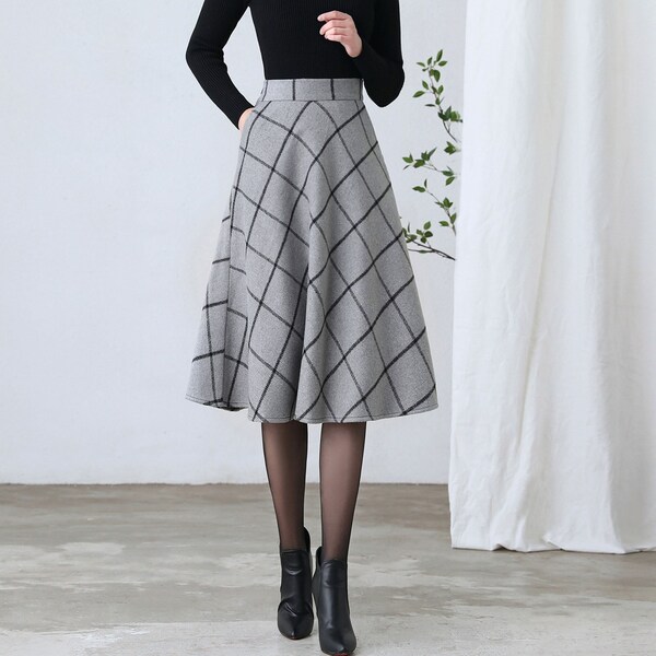 Swing Wool Plaid Skirt, Midi Wool Skirt Women, Wool Tartan Skirt, Long Circle Wool Skirt, High Waist Flared Skirt, A Line Full Skirt C2605