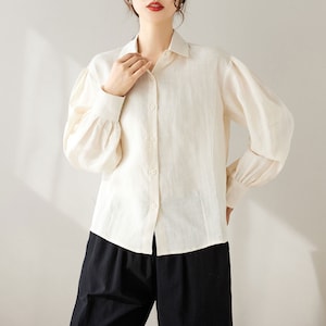 Linen Shirt, Apricot Linen Shirt, Button Down Linen Shirt, Womens Spring Linen Shirt, Long Puff Sleeve Linen Shirt, Custom Linen Shirt C3175