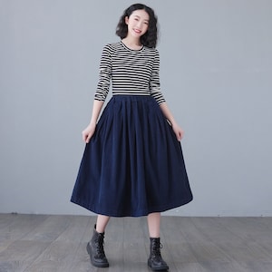 Blue Corduroy Skirt, Midi skirt, High Elastic Waist Skirt, Plus Size Skirt, Pleated Skirt with Pocket, Spring fall Skirt, Causal Skirt C2617 blue