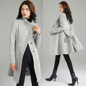 Womens Gray Winter Wool Coat, Swing Warm Outwear, Belted Wool Coat, Office Winter Coat, Handmade Coat, C2988#