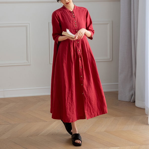 Long Linen Dress, Red Linen Dress, Women's linen Dress, Half Sleeve Dress, Plus Size Dress, Handmade Dress, Custom Dress, Ylistyle C3196