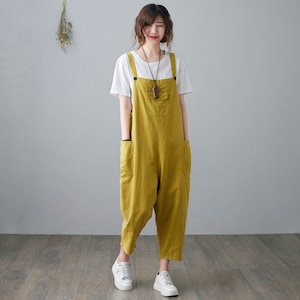 Linen jumpsuit women, Casual Linen Overalls, Loose fit Linen Harem Jumpsuits, Yellow Linen jumpsuit, women Linen Romper, Ylistyle C2100 1-Yellow