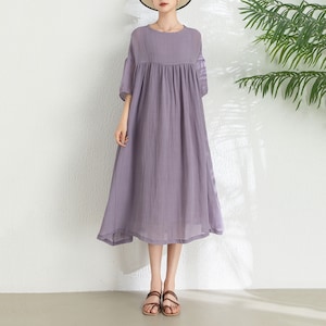 Women&#39;s Summer Loose Ramie Dress, Gray Purple Midi Ramie Dress, Women&#39;s Long Dress, Handmade Dress, Custom Dress, Midi Swing Dress C3292