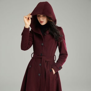 Wool Coat, Wool coat women, Hooded Wool Coat, Asymmetrical wool coat, Warm Wool Coat, Winter Coat Women, Womens Wool Coat, Ylistyle C2992 wine red