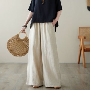 Linen Pants, Casual linen long pants, Wide Leg womem pants, Elastic Waist pants, Loose fit pants with pockets, Spring pants, Ylistyle C3961