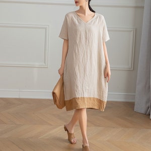 Linen Dress, Summer Linen Dress, Midi Dress, Short Sleeve Linen Dress, Casual Linen Dress, Loose Dress, Women&#39;s Summer Dress, Ylistyle C3193