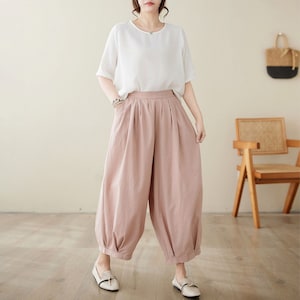 Pink pants women, Loose pants with pockets, Pleated pants, Plus size pants, Elastic Waist pants, Spring casual pants, Ylistyle C3971
