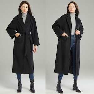 Women&#39;s Winter Belted Coat Black Wool Long Jacket, Wool Wrap Coat, Winter coat women, Belted Wool Coat, Warm wool coat, Ylistyle C3002#