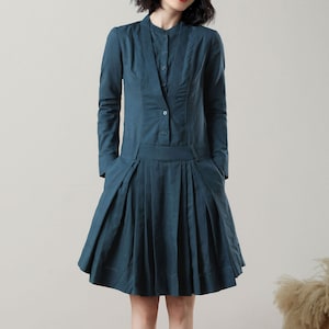 blue linen dress, spring dress, pleated dress, knee length dress, drop wasit dress, swing linen dress, linen dress women, Ylistyle c3239