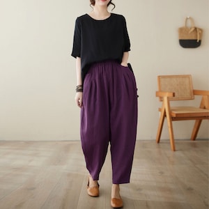 Linen pants women, Plus size pants, Elastic Waist pants, Loose fit pants with pockets, Spring pants, Casual Linen Pants, Ylistyle C3967