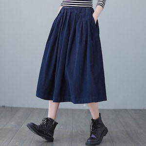 Blue Corduroy Skirt, Midi skirt, High Elastic Waist Skirt, Plus Size Skirt, Pleated Skirt with Pocket, Spring fall Skirt, Causal Skirt C2617 image 5