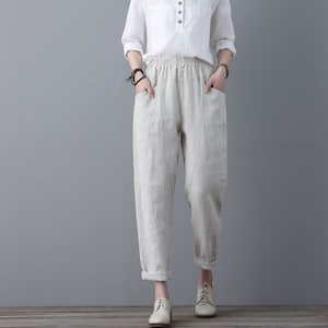 women elastic waist linen pants , casual minimal cropped pants, Long Linen pants, Tapered Linen Pants with pockets, Ylistyle C1863