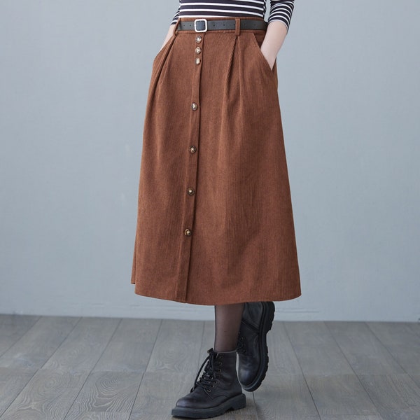 Button Down Corduroy Skirt Women, A Line Corduroy Skirt with Pockets, Womens skirt, Plus Size Skirt, Spring autumn skirt, Ylistyle C2618