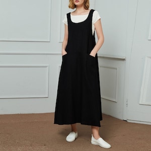 Linen dress, Linen pinafore dress, Black Pinafore dress women, Linen dress with pockets, Oversized dress, womens pinafore dress C1468