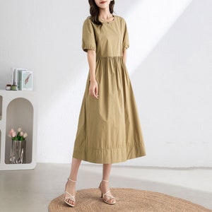 Khaki Dress, Summer Short Sleeve Dress, Women&#39;s Solid Midi Dress, Loose Dress, Casual Dress, Swing Dress, Handmade Dress, Ylistyle C3309