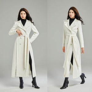 White wool coat, Long wool coat, Asymmetrical wool coat, Wool coat women, Winter coat women, Belted wool coat, Custom coat, Ylistyle C2997