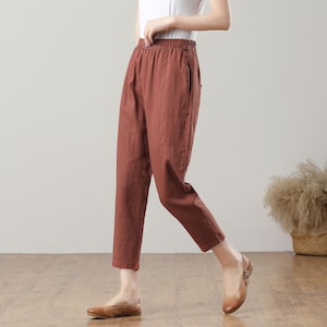 Linen Pants, Women Linen Pants, Spring Linen Pants, Casual Linen Pants, High Waist Pants, Loose Linen Pant with pocket, Custom Pants C3213 Brick red