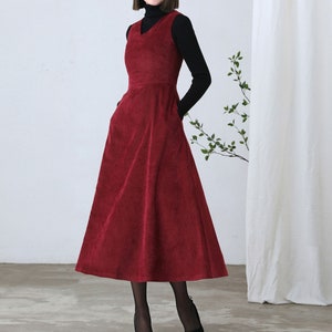 Red Corduroy dress, Womens Sleeveless Corduroy dress, Long dress, A-Line dress, Autumn Winter Corduroy Dress, Custom dress, Ylistyle C2608