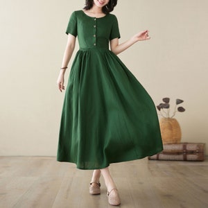 Bio Leinenkleid, Leinen Midaxi Kleid, Kleid mit Knopfleiste, Sommer Damen Grünes Swing Kleid, Benutzerdefinierte Haus & Outdoor Kleid, Ylistyle C3950