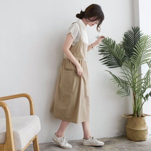 Linen Apron, Cream Linen Pinafore apron, Natural Linen midi apron with pockets, Cross-back Apron, Adult Apron, Cooking/Gardening Apron C1915 image 1