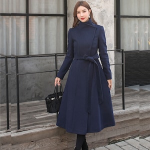 Blue Wool Coat Women, Long Wool Wrap Coat, Asymmetrical Warm Winter Coat, Wool Trench Coat, A-Line Belt Wool Coat, Ylistyle C2576