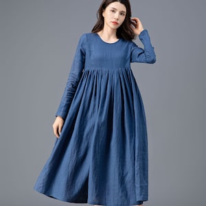Blue Linen dress, Loose Linen Dress, Midi Dress, Spring Dress, Maternity dress, Long Sleeves Dress, Plus Size Dress, Handmade Dress C3910