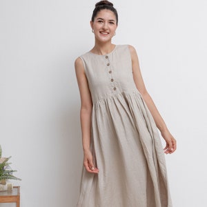 Pleated Smock Linen Dress, Button Up Midi Dress, Sleeveless Dress, Womens Linen Dress, Summer Dress, Mama dress, Handmade Dress C2941