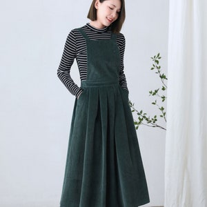 Dark Green Corduroy Pinafore Dress, Long Maxi Apron Dress, Pleated Corduroy Overalls Dress, Plus Size Dress, Swing Dress with Pockets C2613