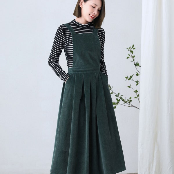 Dark Green Corduroy Pinafore Dress, Long Maxi Apron Dress, Pleated Corduroy Overalls Dress, Plus Size Dress, Swing Dress with Pockets C2613