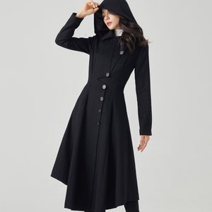 Black Wool Coat, Long Wool Coat, Hooded Wool Coat, Winter