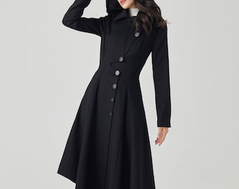 Zwarte wollen jas, lange wollen jas, wollen jas met capuchon, winterjas dames, asymmetrische wollen jas, warme wollen jas, handgemaakte jas, Ylistyle C3562