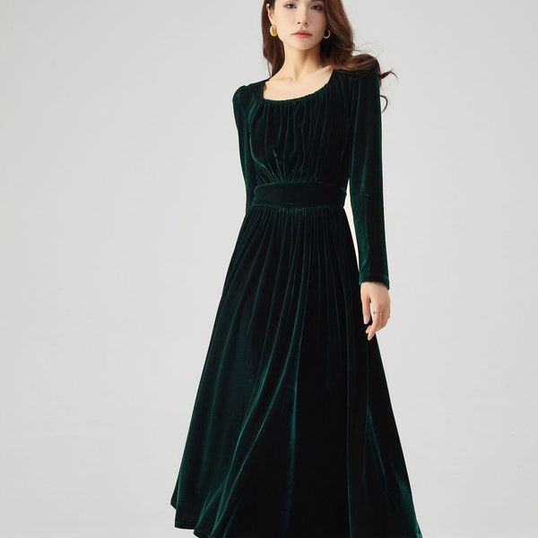 Green Velvet Dress, Autumn Dress Women, Long Sleeves Dress, Fitted Dress, Party Dress, Pleated Dress, Midi Dress, Ylistyle C3539