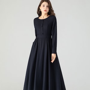 Marineblaues Kleid, Wolle Midi Kleid, Damen Wollkleider, Fit and Flare Kleid, Winterkleid Frauen, Handgemachtes Kleid, Ylistyle C3616