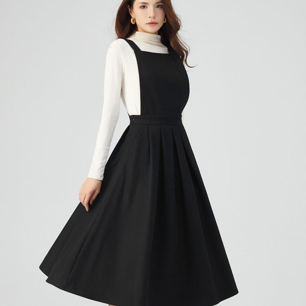 Robe en laine noire, robe Pinafore femmes, robe à bretelles, robe en laine Midi, robe en laine d’hiver, robes pour femmes, robe taille plus C3547