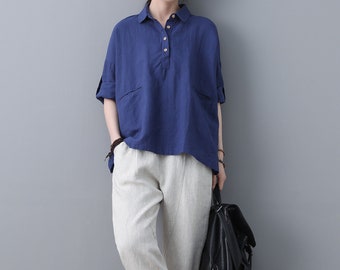 Soft Linen Tops, Plus size Linen tops, Long Sleeve Linen Blouse, Casual Loose Linen Blouse, Summer Spring Linen Customized Blouse C1852