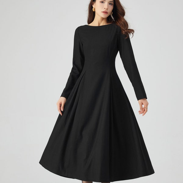 Black Dress, Wool Dress Women, Winter Dress, Fit and Flare Dress, Classic Wool Dress, Warm Dress, Long Sleeves Dress, Handmade Dress C3542