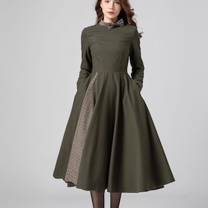 Wool Dress Women, Midi Wedding Dress, Elegant Dress, Warm Winter Dresses, Pleated Dress, Army Green Wool Dress, Patchwork Dress C3580
