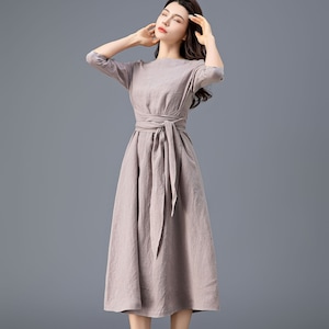 Gray Linen dress, Linen midi dress, Womens Linen Dress, Belted Dress, Spring Linen Dress, Dress with Pockets, Custom dress, Ylistyle C3915