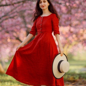 Linen Dress, Long Linen dress, Red Everyday Comfortable Fit & Flare Long Dress with Half Sleeves and Button Front, Ylistyle C2885