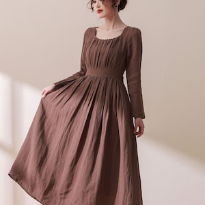 Linen dress, Women's Long sleeve Linen midi dress in brown, Long Linen Dress, fit and flared dress, Spring autumn dress, Ylistyle C1776