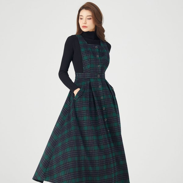 Pinafore Wool Dress, Plaid Wool Dress, Winter Wool Dress, Wool Midi Dress, Fit and Flare Dress, Womens Dresses, Handmade dress C3683