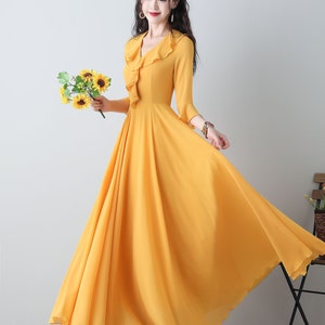 Summer Yellow Bridesmaid dress, Womens Chiffon maxi dress, Long swing dress, fit and flare dress, Wedding guest dress, ylistyle c3457