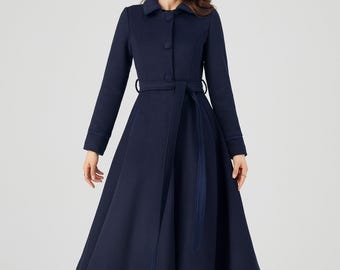 Wool Coat, Blue Midi Wool Coat, Long Wool Coat, Swing Wool