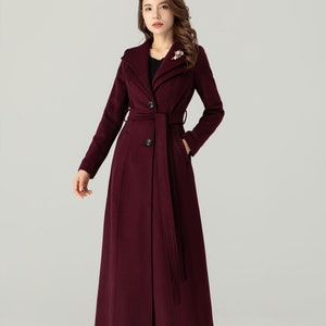 Burgundy Long Wool Coat Women, Winter Wool Coat women, Wool Trech Coat, Maxi Wool Coat, Belted wool coat, Handmade Coat, Ylistyle C3693